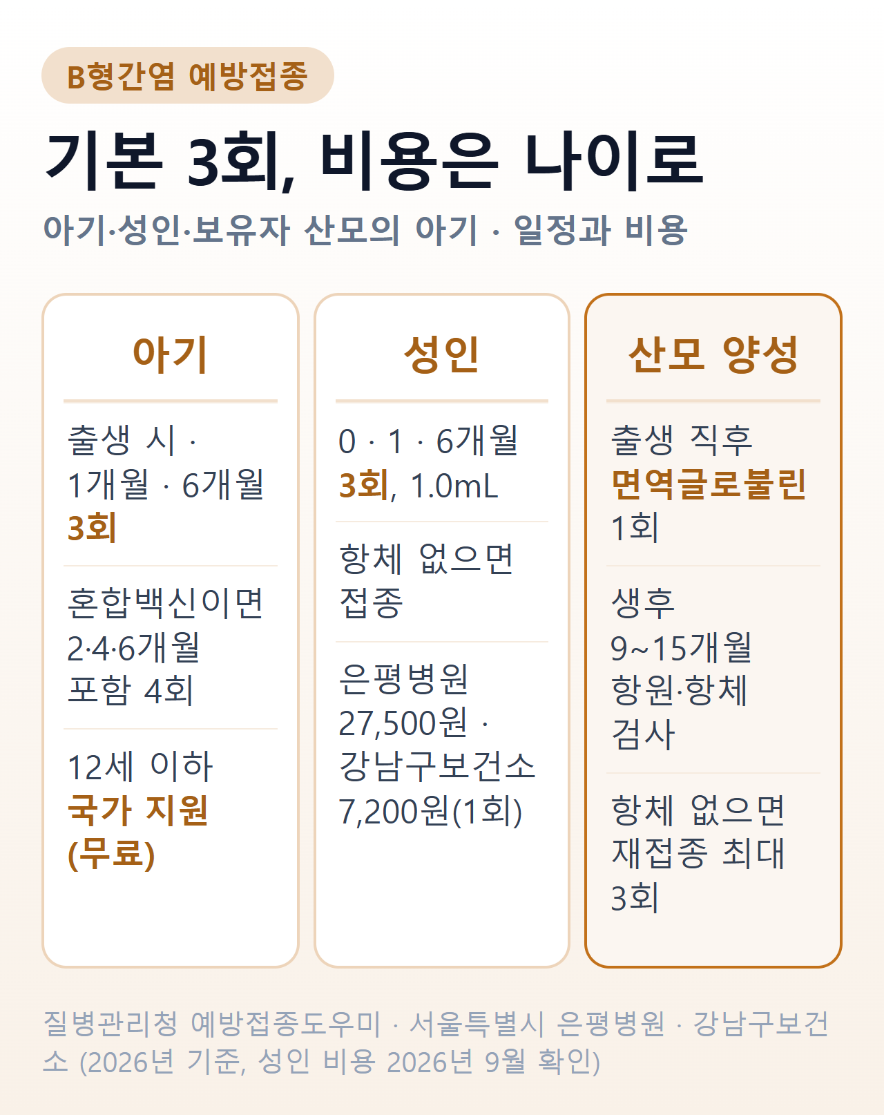 B형간염 예방접종 한눈에 — 아기는 출생 시·1개월·6개월 3회 무료, 성인은 0·1·6개월 3회 자비, 산모 보유자면 출생 직후 면역글로불린과 생후 9~15개월 항체검사